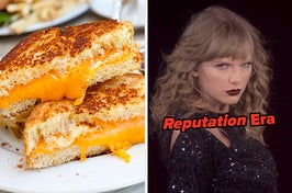 On the left, a gooey grilled cheese sandwich cut in half, and on the right, Taylor Swift performing in stage labeled Reputation Era