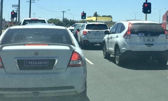 A license plate that says "Peekaboo" and another that says "I see u"