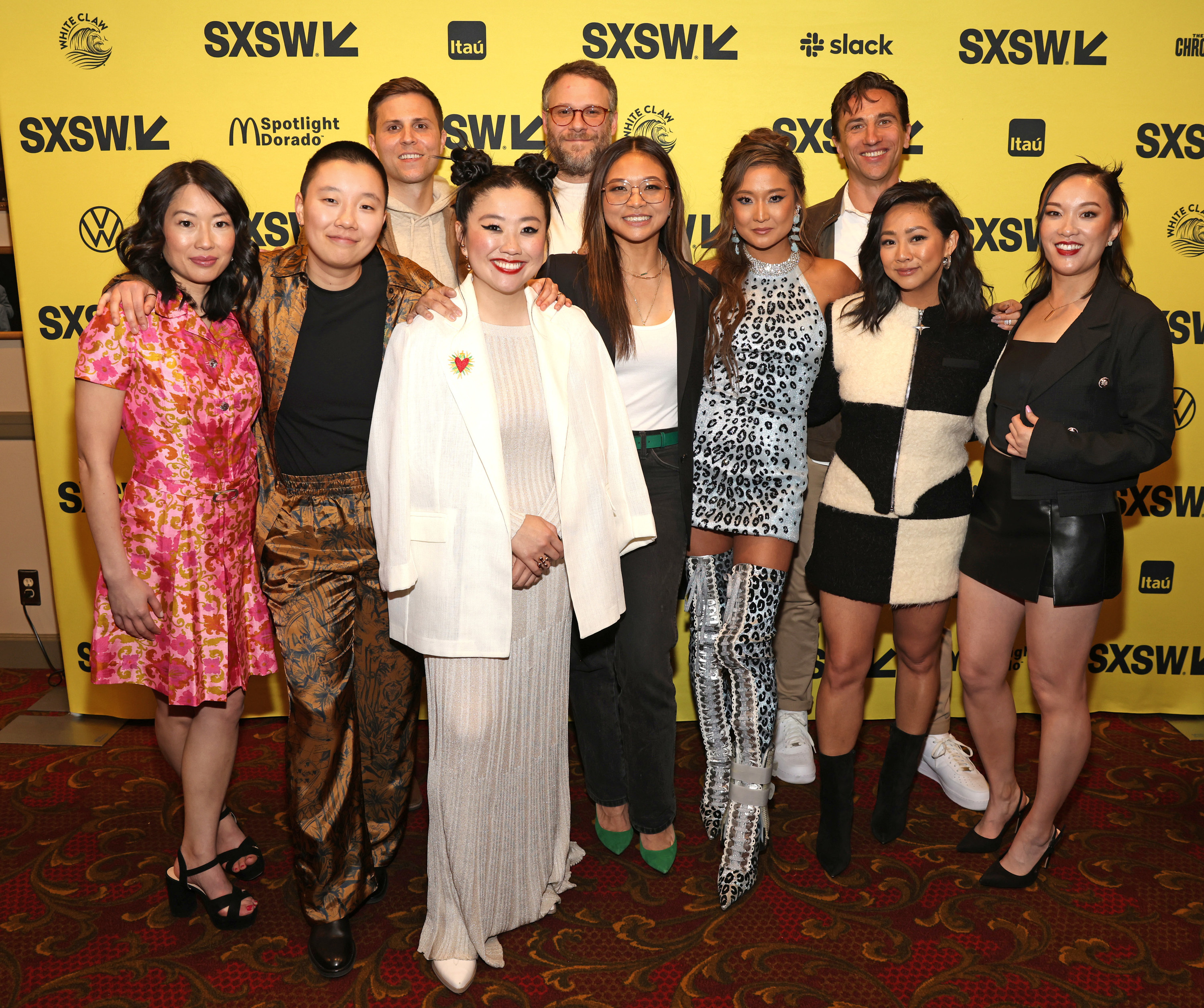 Cherry Chevapravatdumrong, Sabrina Wu, Josh Fagan, Sherry Cola, Seth Rogen, Adele Lim, Ashley Park, James Weaver, Stephanie Hsu, and Teresa Hsiao attend the world premiere of Joy Ride