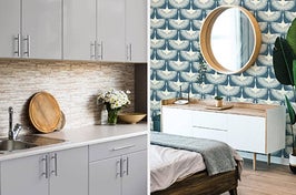 kitchen cabinet with matte gray paint, peel and stick bird print wallpaper on bedroom wall