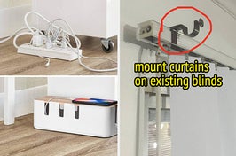 power strip with jumble of cords and then the cords contained in a neat box, curtain rod mounted on blinds