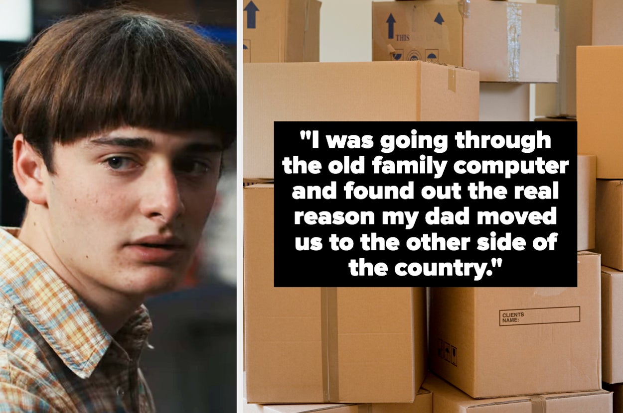 noah schnapp next to moving boxes with the text "I was going through the old family computer and found out the real reason my dad moved us to the other side of the country"