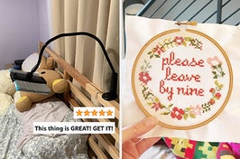 (left) tablet holder (right) please leave by nine cross stitch