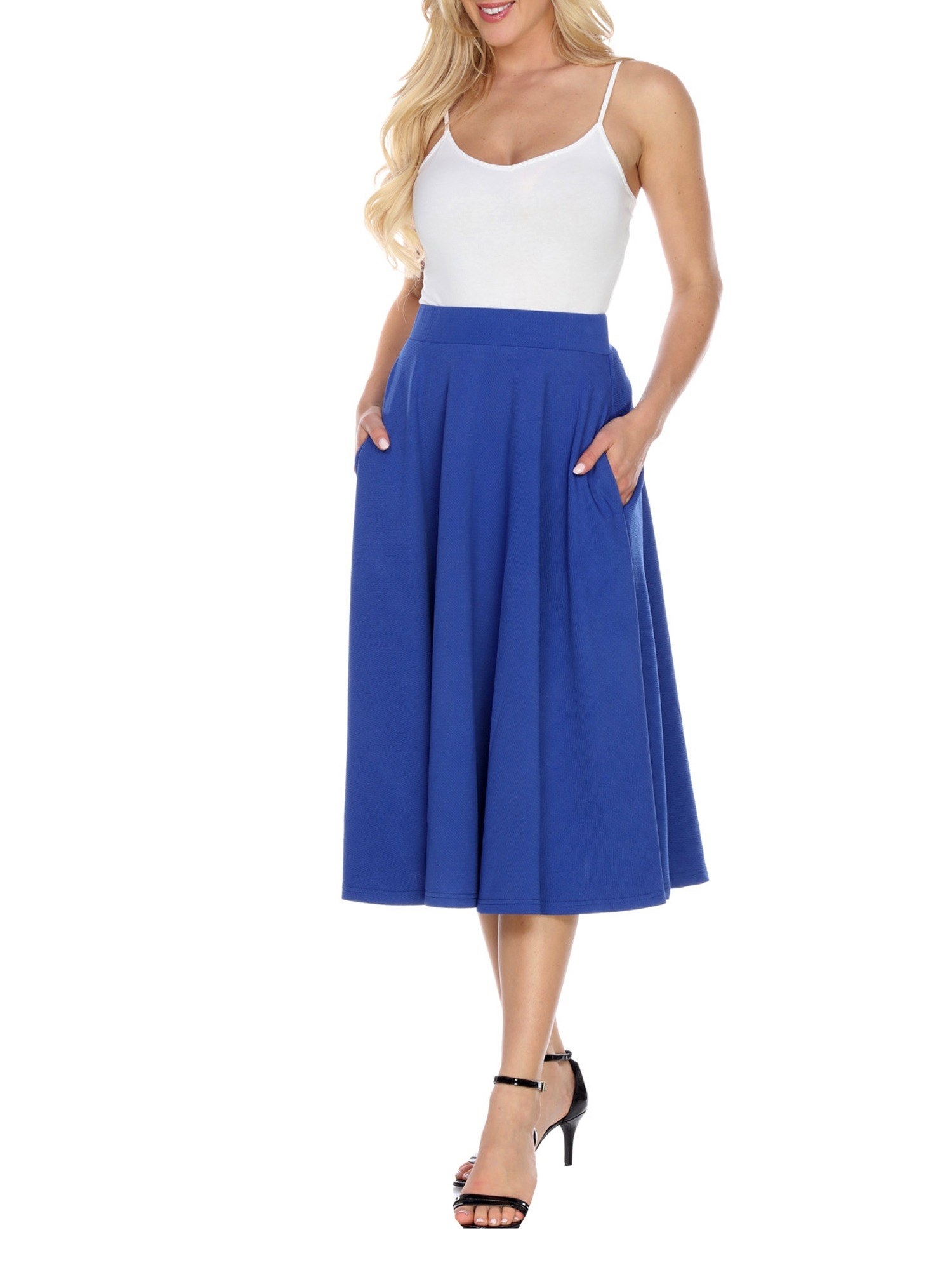 a model wearing the blue skirt