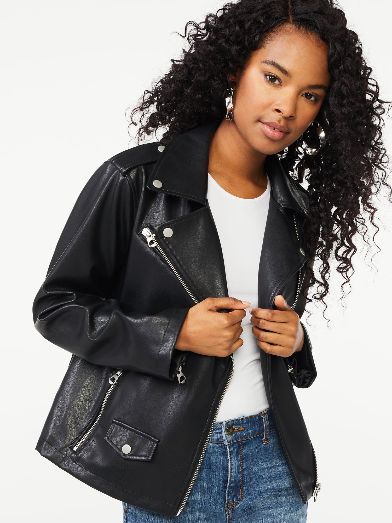 a model wearing the black jacket