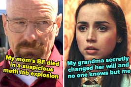 walter white captioned "My mom's BF died in a suspicious meth lab explosion" and marta in knives out captioned "My grandma secretly changed her will and no one knows but me"