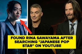 rina in john wick and keanu and chad being interviewed caption reads they found rina via youtube