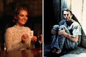 Samara Weaving in a wedding dress smiles and holds up a novelty card / A terrified Sam Neil sits in a rubber room while covered in drawn crosses
