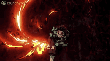 Tanjiro from Demon Slayer wielding his sword and performing a fire-activated movement with it