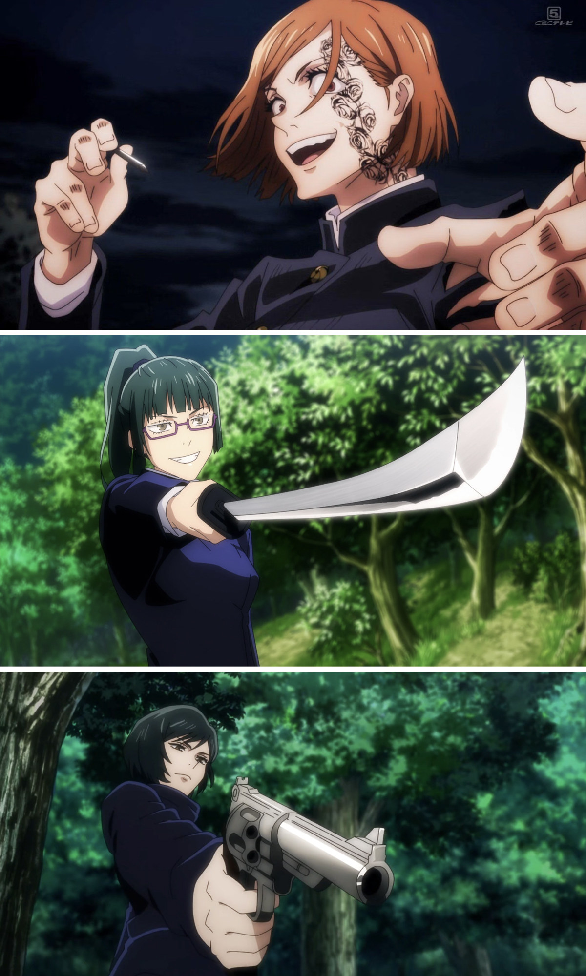 Top-bottom: Nobara, Maki and Mai from Jujutusu Kaisen wielding their weapons
