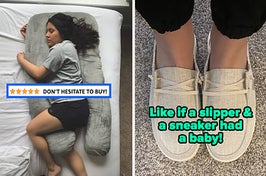 L: a reviewer using a full-body pillow and a five-star review titled "don't hesitate to buy!", R:  a reviewer wearing a pair of tan shoes and text reading "Like if a slipper & a sneaker has a baby!"