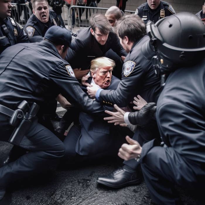 AI image of Donald Trump getting arrested, surrounded on the ground by a mob of cops