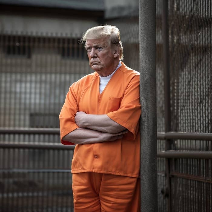 Trump frowns and stands in a prison yard in an orange jumpsuit with his arms crossed