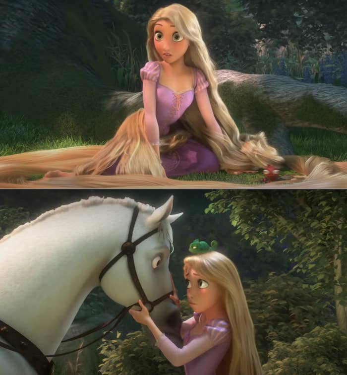 Rapunzel talking to the horse