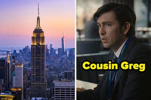 On the left, the New York City skyline at sunset, and on the right, Cousin Greg from Succession