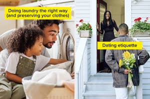 father and son doing laundry with caption "doing laundry the right way (and preserving your clothes)" and man approaching date with bouquet with caption "dating etiquette"