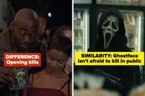 phil and maureen in scream 2 with the text difference opening kills and ghostface in scream vi with the text similarity ghostface isn't afraid to kill in public