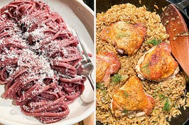 red wine spaghetti twirls next to chicken thighs over a bed of orzo