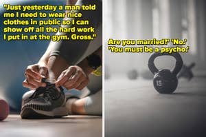 The left image shows a woman tying her running shoes at the gym and the right image shows a dumbell