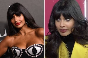 Jameela Jamil speaks passionately with her hands up vs Craig Melvin looks shocked with his mouth open