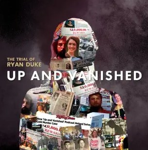 Cover art for the podcast with the title Up and Vanished and a silhouette of Tara Grinstead with a mosaic of photos related to her case in the silhouette