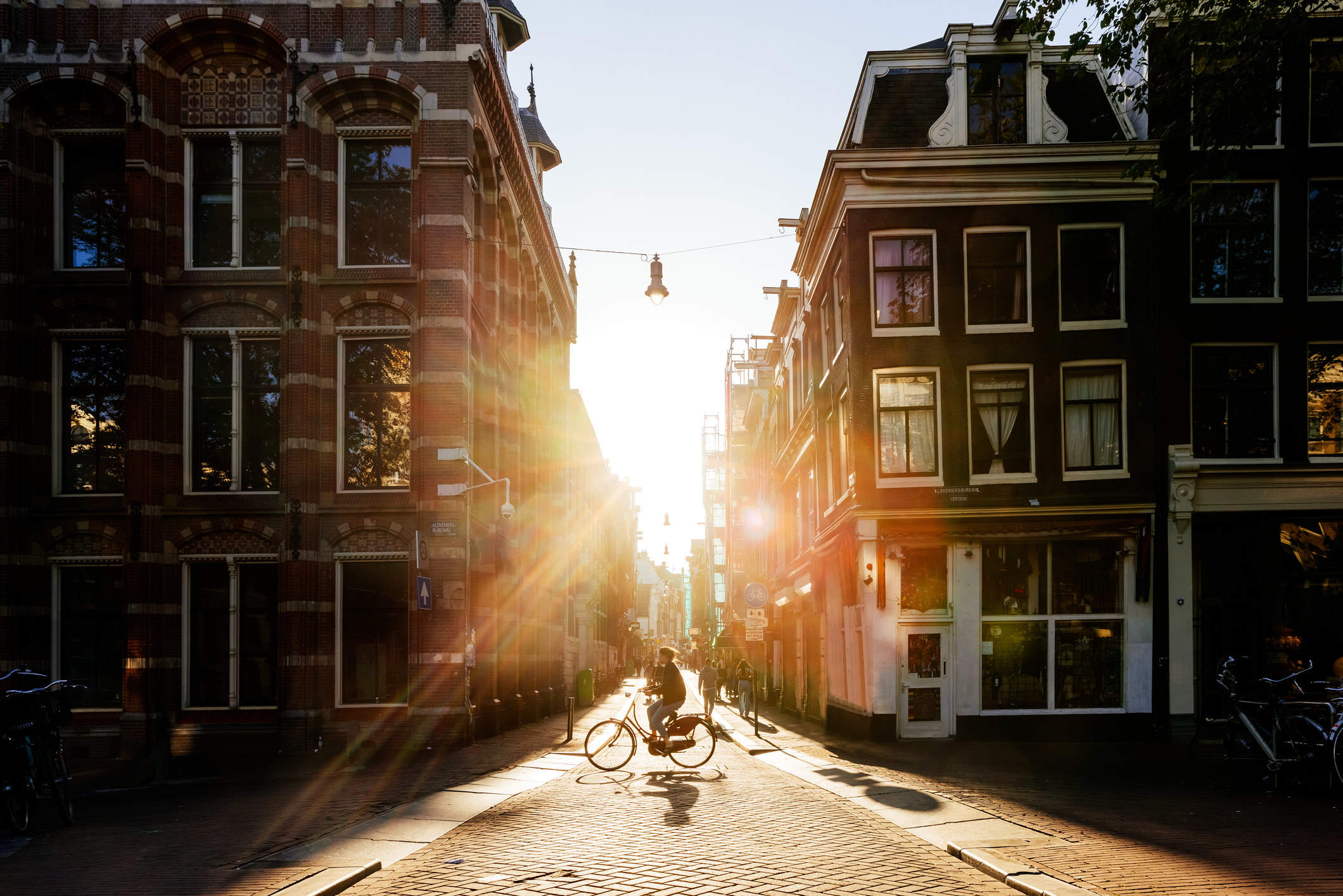 Sun shining through the streets in Amsterdam.