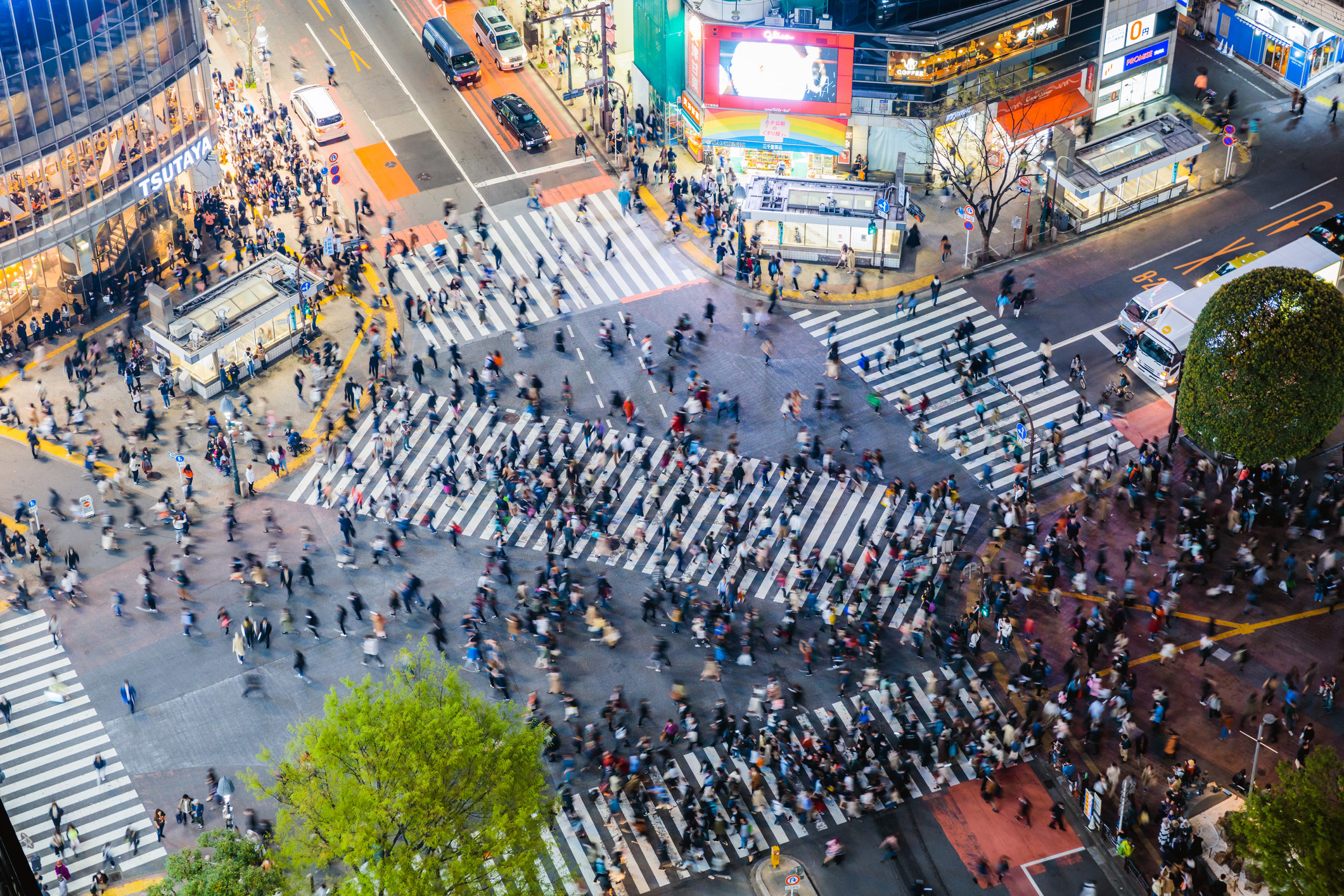 Elevated view of famous Shibuya pedestrian crossing in Tokyo.