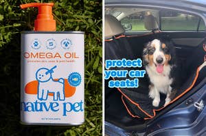 bottle of Native Pet omega oil on grass / reviewer's dog sitting in the backseat of car on top of protective cover