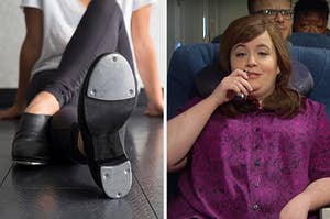 On the left, someone wearing tap shoes, and on the right, Aidy Bryant sitting in a seat in an airplane with a travel pillow around her neck holding a mini bottle to her lips
