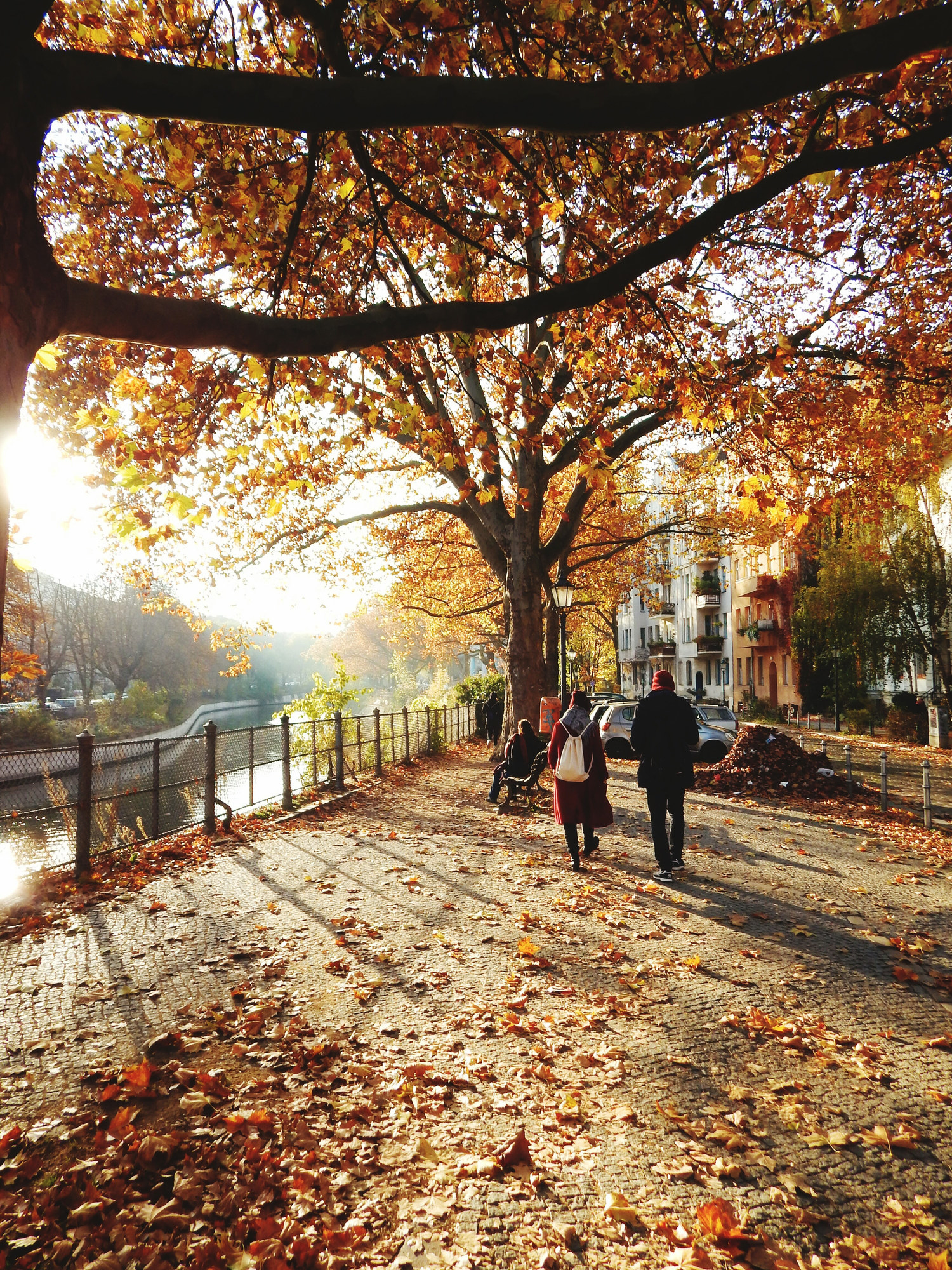 People walking by a canal during autumn.