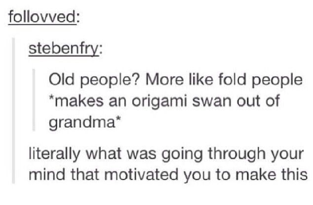 old people, more like fold people, makes an origami swan out of grandma