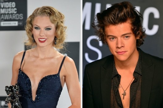 Taylor Swift on the red carpet in 2013 VMAs on left; Harry Styles on the red carpet in 2013 on right