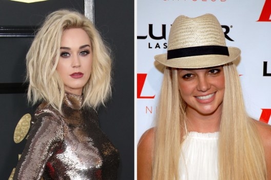 Katy Perry on red carpet at Grammys 2017 on left; Britney Spears on red carpet in 2007