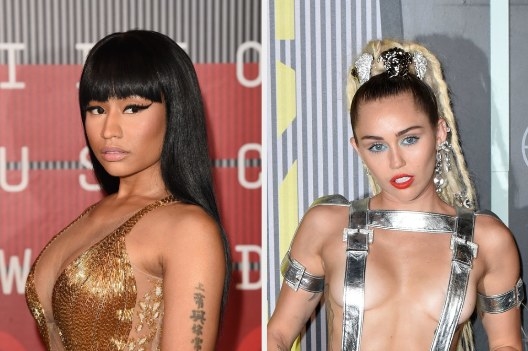 Nicki Minaj at the 2015 VMAs red carpet on left; Miley Cyrus on right at red carpet