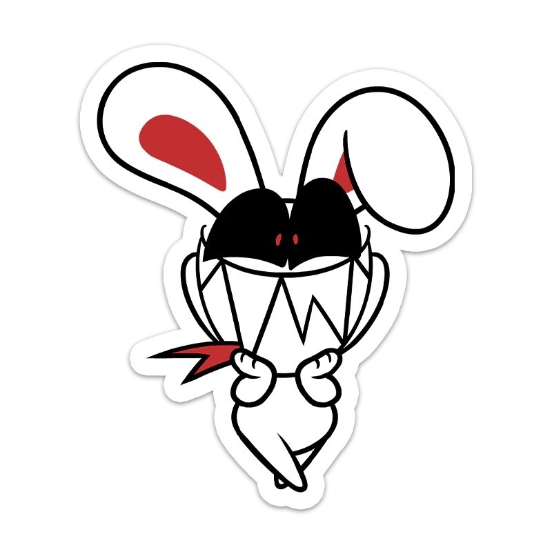 A white red and black sticker an animated creature