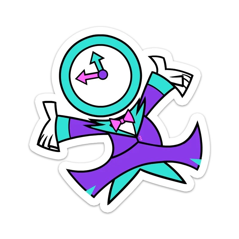 A blue, purple and pink clock creature sticker