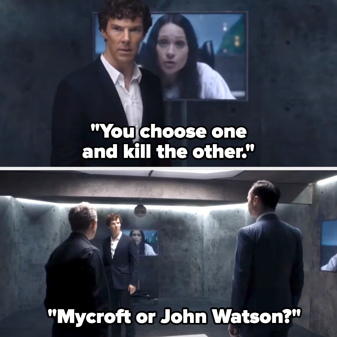 man tellling two others, you choose one and kill the other, mycroft or john watson