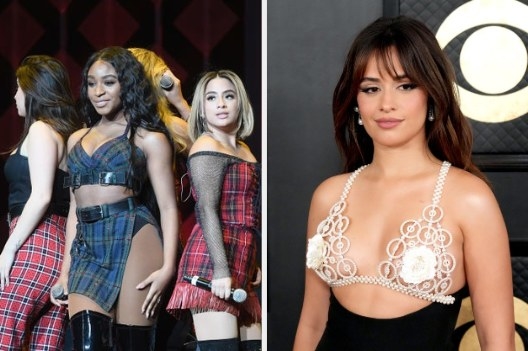 Fifth Harmony performing on the left; Camila Cabello at the Grammys on the right