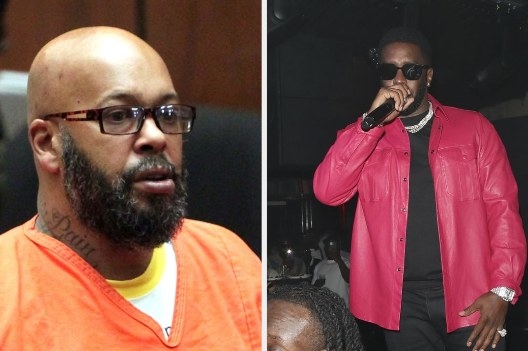 Suge Knight at a court hearing on the left; P Diddy at a night club on the right