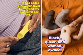 Model holding yellow bullet vibrator and model holding assortment of realistic silicone packers