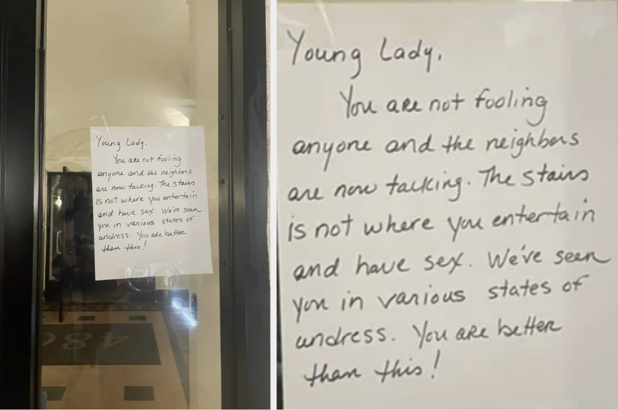 A handwritten letter to a &quot;young lady&quot; about how &quot;the stairs is not where you entertain and have sex; we&#x27;ve seen you in various states of undress&quot;