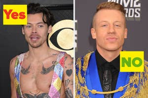 Harry Styles has his mouth open, talking while photographers snap photos vs Macklemore posing for a photo with his head tilted back and his lips pressed together