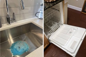 Left: blue foam in sink, Right: clean dishwasher