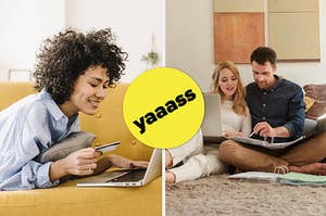 Woman with credit card on laptop versus couple looking at files in living room