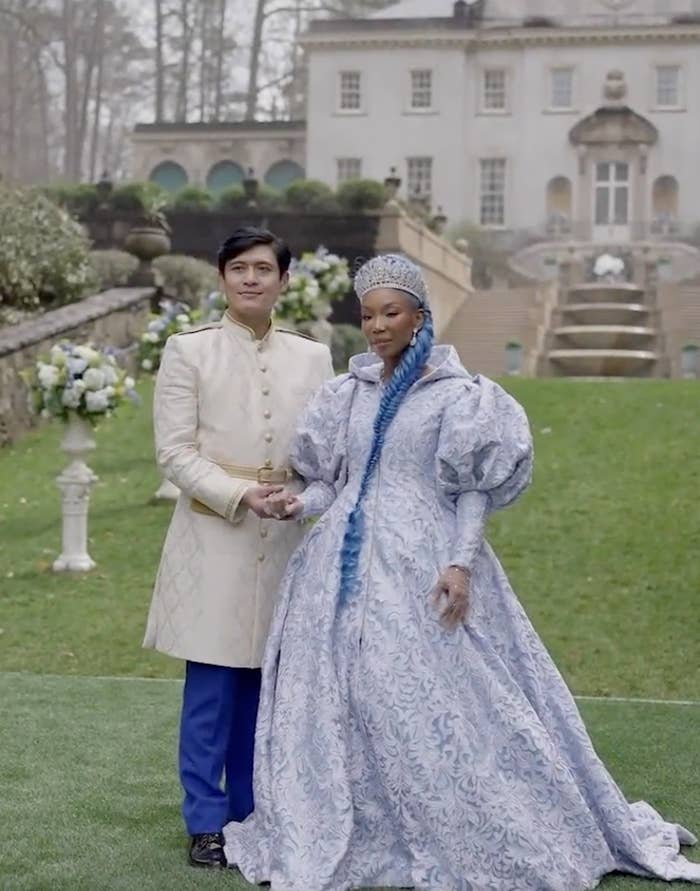 Brandy and Paolo on the set of the new Disney movie dressed as Cinderella and King Charming