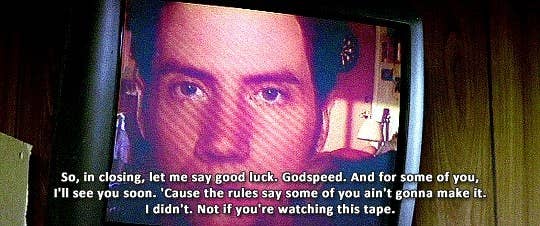 photo from Scream 3 of Randy talking on a pre-recorded video saying, &quot;So, in closing, let me say good luck, godspeed, and for some of you, i&#x27;ll see you soon, &#x27;cause the rules say some of you ain&#x27;t gonna make it, I didn&#x27;t, not if you&#x27;re watching this tape&quot;