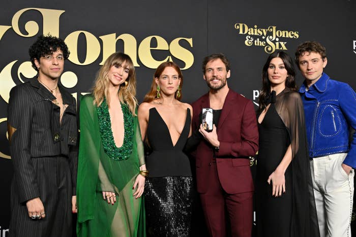 Sebastian Chacon, Suki Waterhouse, Riley Keough, Sam Claflin, Camila Morrone, and Josh Whitehouse attend the Los Angeles premiere of Prime Video&#x27;s &quot;Daisy Jones &amp;amp; the Six&quot;