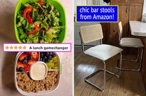 a two compartment bentgo lunch box holding a salad and toppings / a pair of rattan and white cushion bar stools