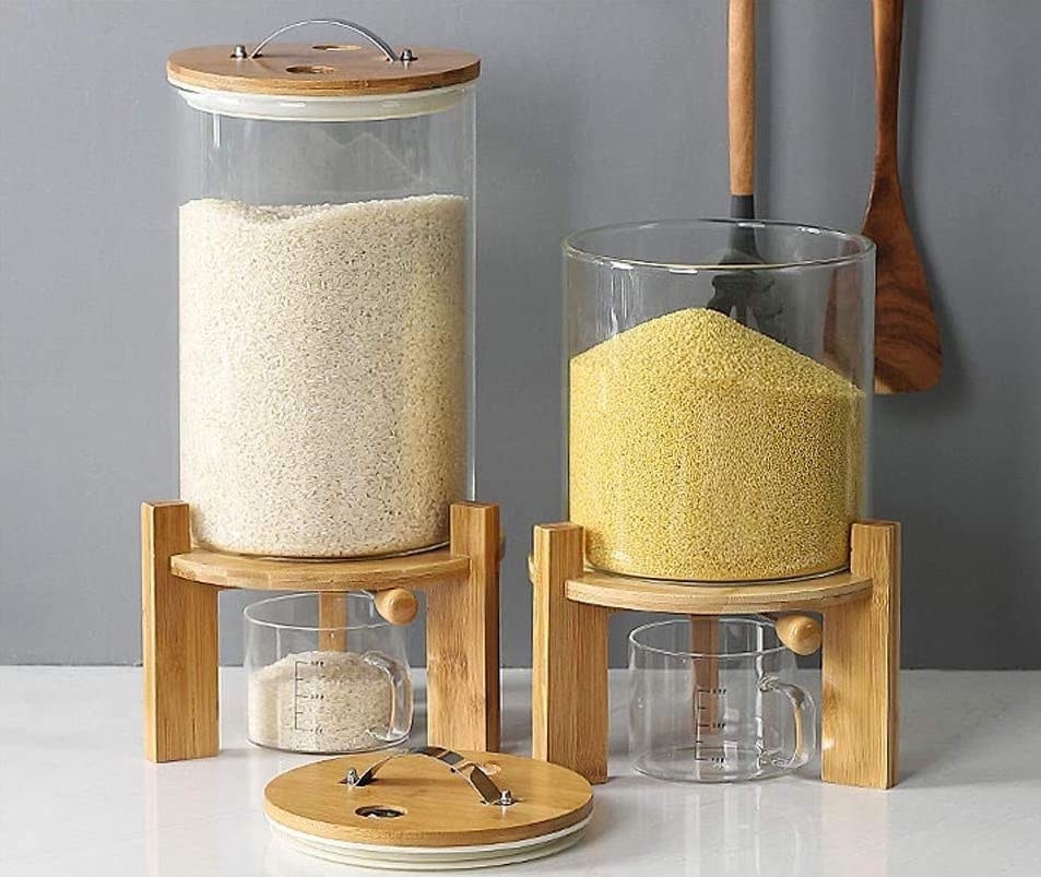 A small and large rice dispenser is shown