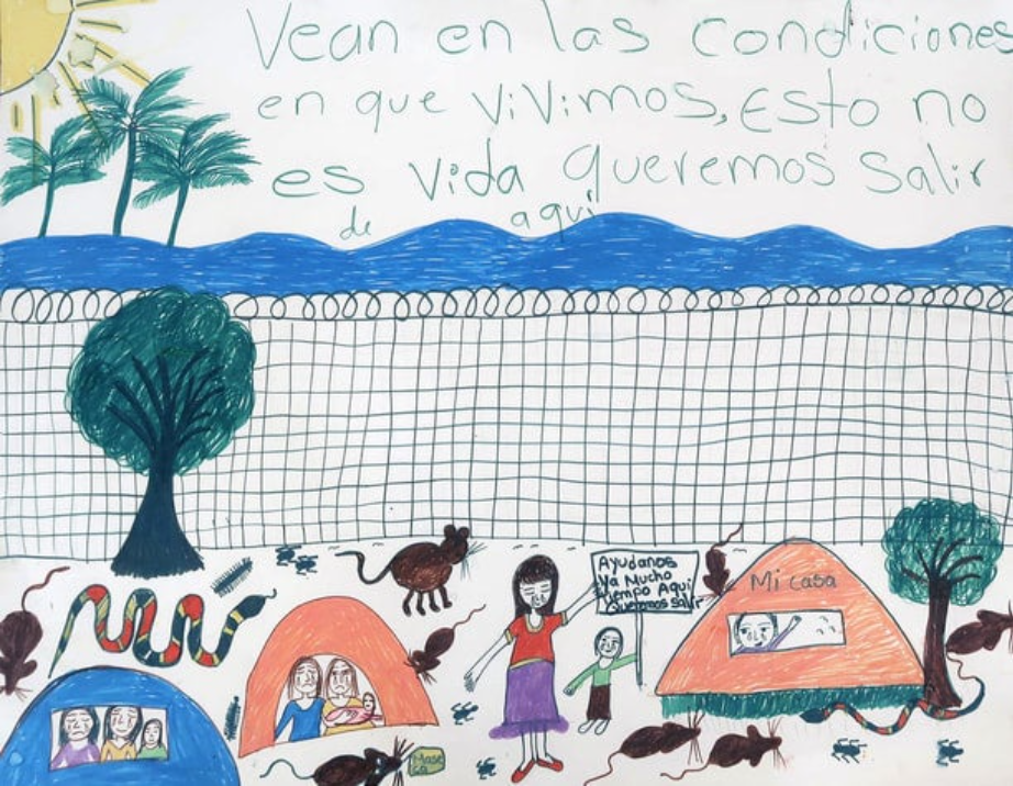 a children&#x27;s drawing of a border encamptment with tents and barbed fences